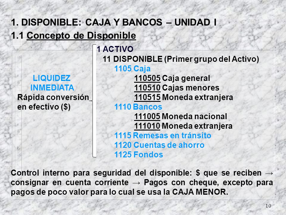 1. DISPONIBLE: CAJA Y BANCOS – UNIDAD I 1.1 Concepto de Disponible