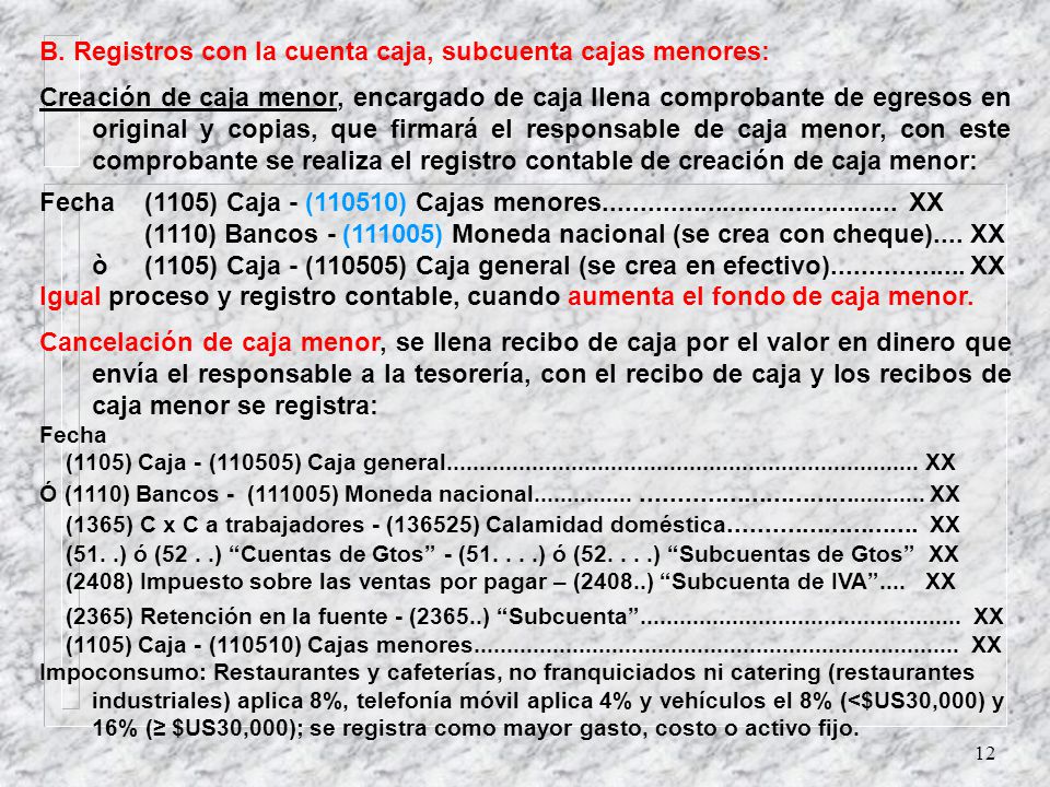 B. Registros con la cuenta caja, subcuenta cajas menores: