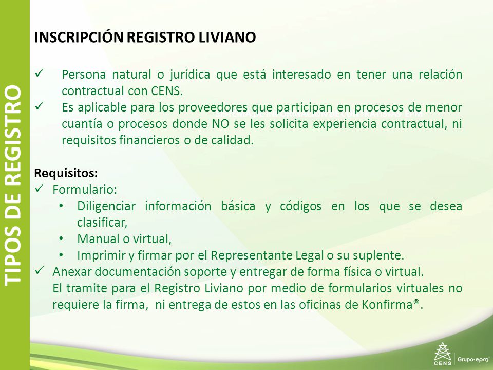 TIPOS DE REGISTRO INSCRIPCIÓN REGISTRO LIVIANO