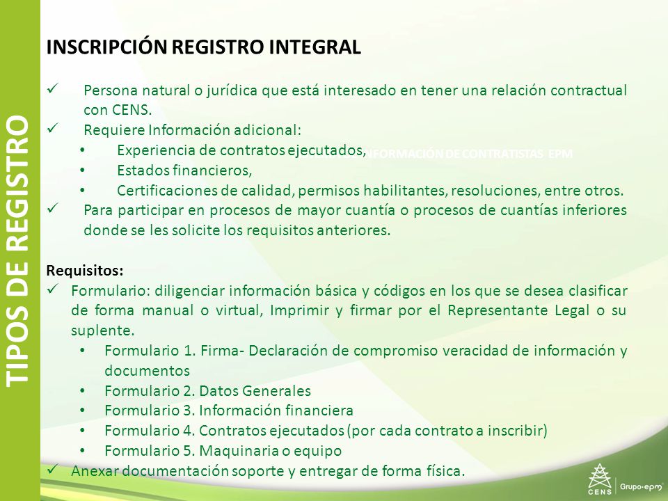 TIPOS DE REGISTRO INSCRIPCIÓN REGISTRO INTEGRAL