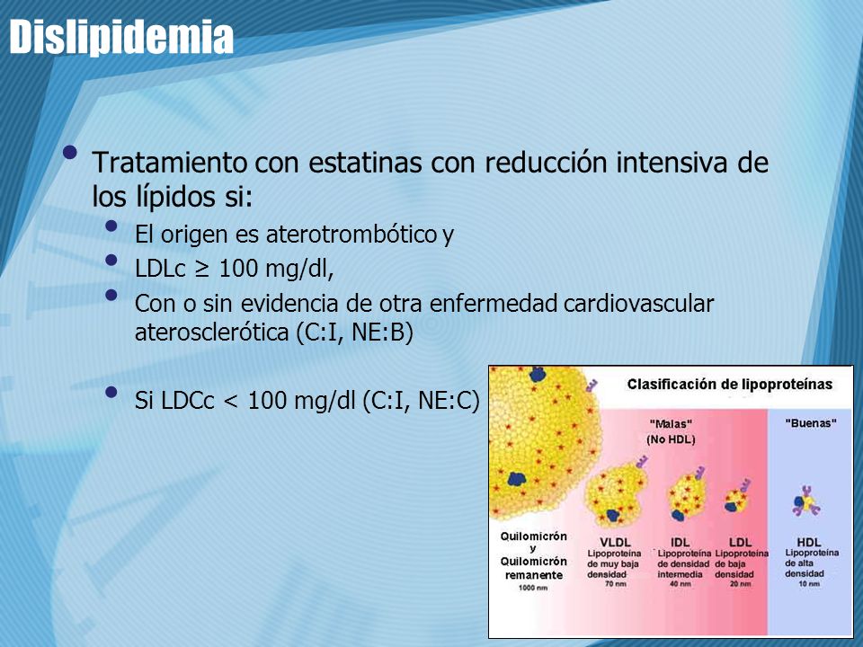 Dislipidemia Tratamiento con estatinas con reducción intensiva de los lípidos si: El origen es aterotrombótico y.