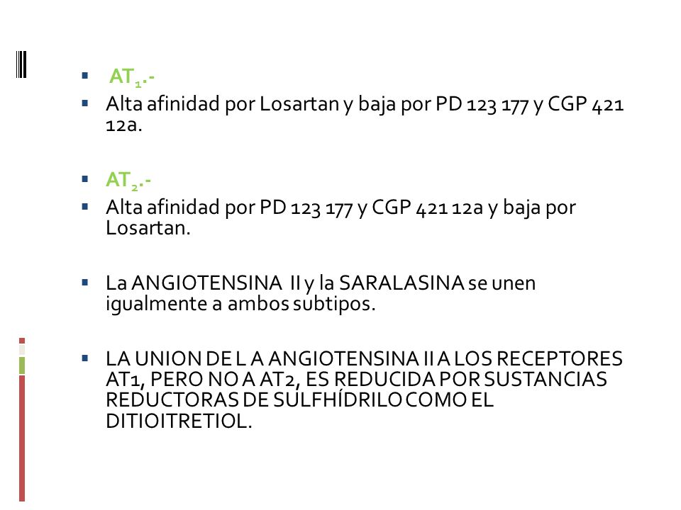 AT1.- Alta afinidad por Losartan y baja por PD y CGP a. AT2.- Alta afinidad por PD y CGP a y baja por Losartan.