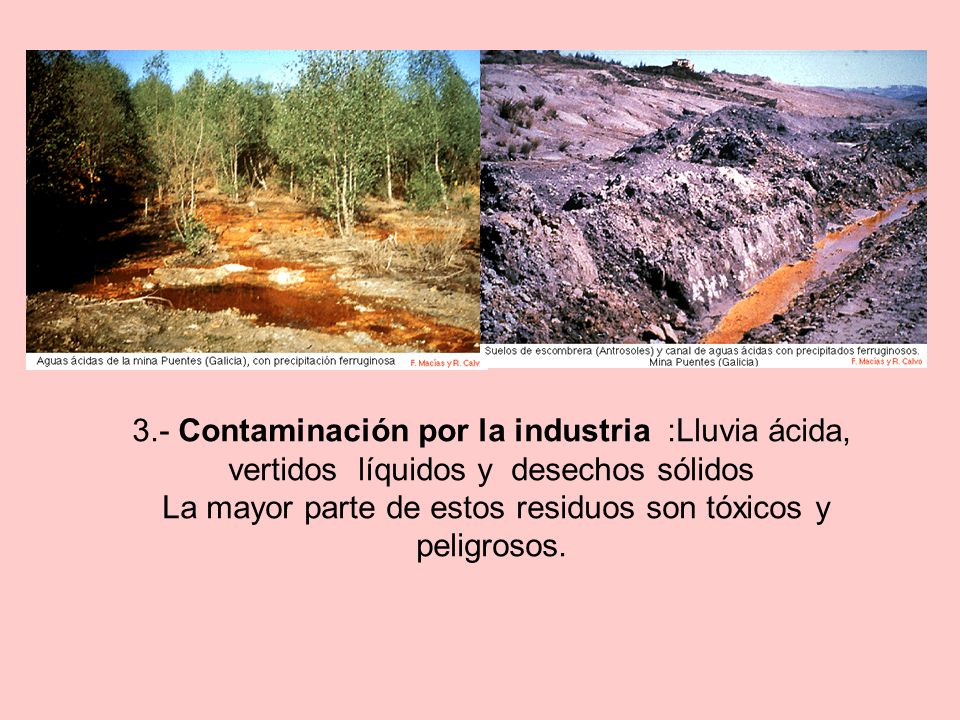 3.- Contaminación por la industria :Lluvia ácida, vertidos líquidos y desechos sólidos La mayor parte de estos residuos son tóxicos y peligrosos.
