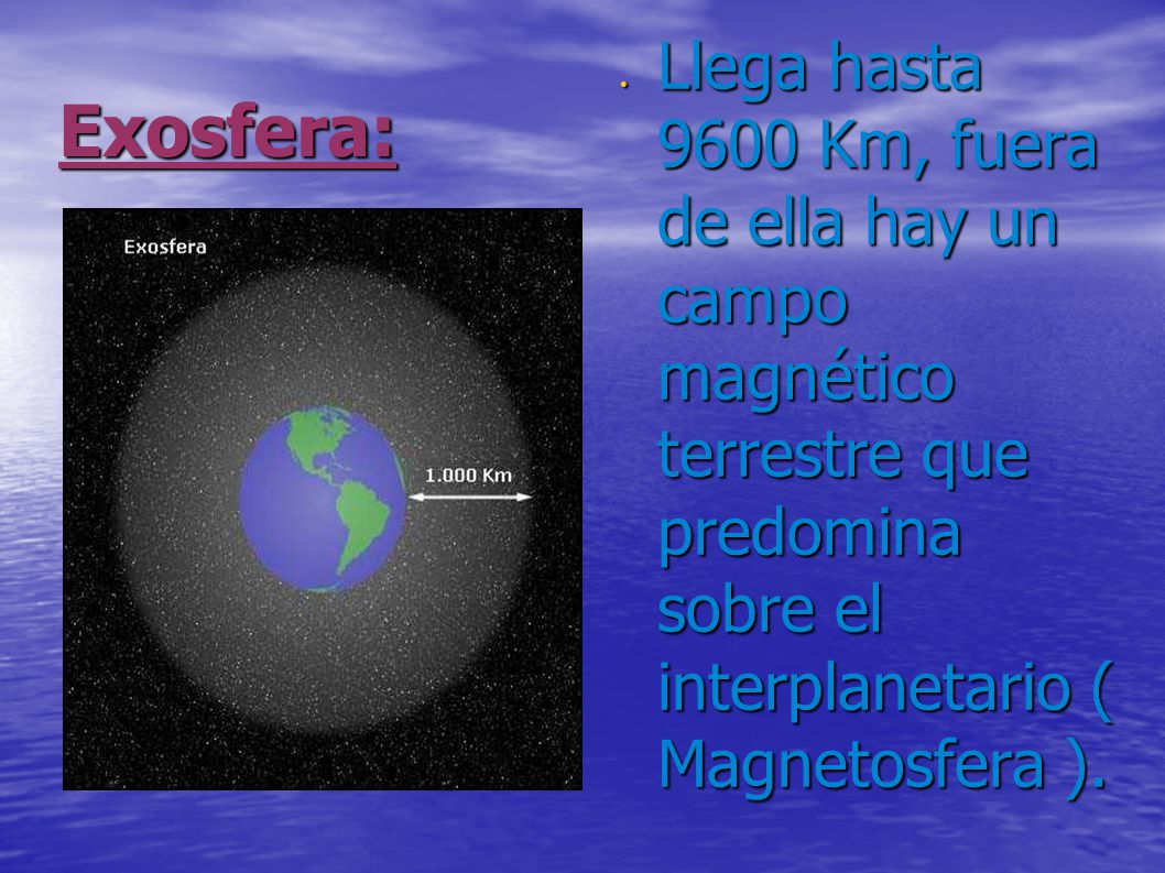 Llega hasta 9600 Km, fuera de ella hay un campo magnético terrestre que predomina sobre el interplanetario ( Magnetosfera ).