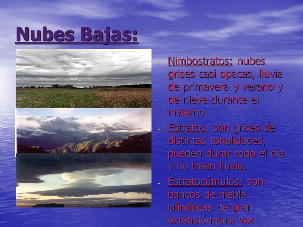 Nubes Bajas: Nimbostratos: nubes grises casi opacas, lluvia de primavera y verano y de nieve durante el invierno.