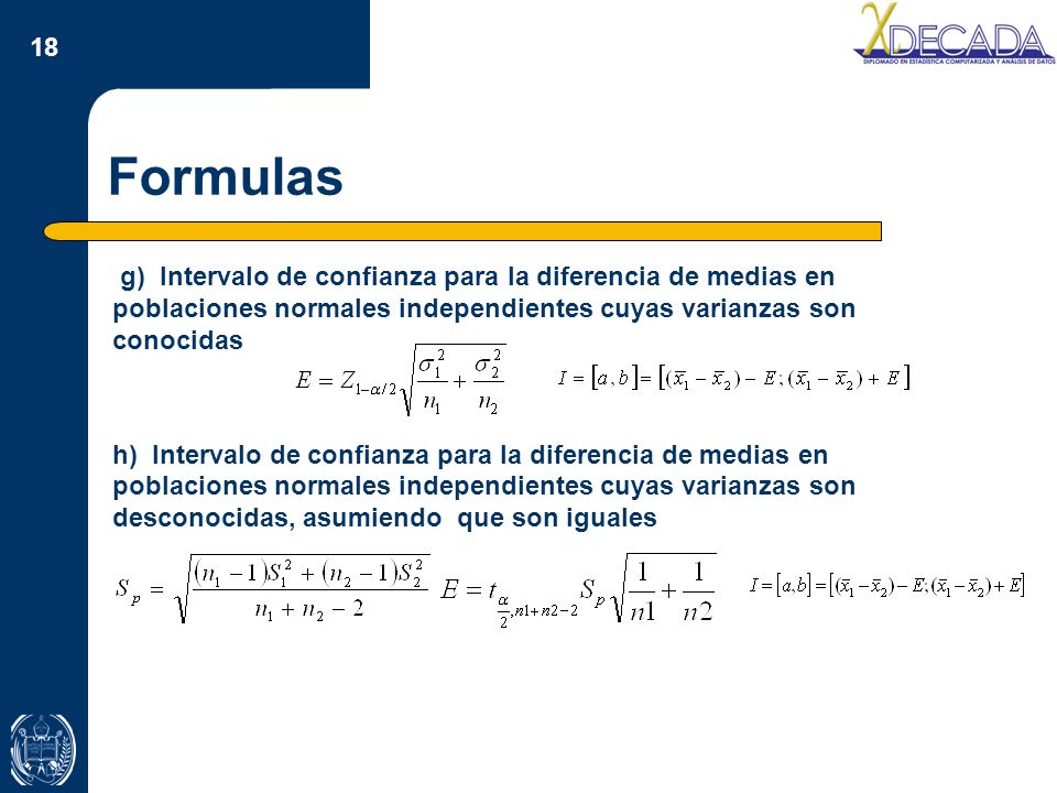 Formulas g) Intervalo de confianza para la diferencia de medias en poblaciones normales independientes cuyas varianzas son conocidas.