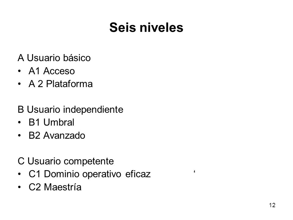 Seis niveles A Usuario básico A1 Acceso A 2 Plataforma