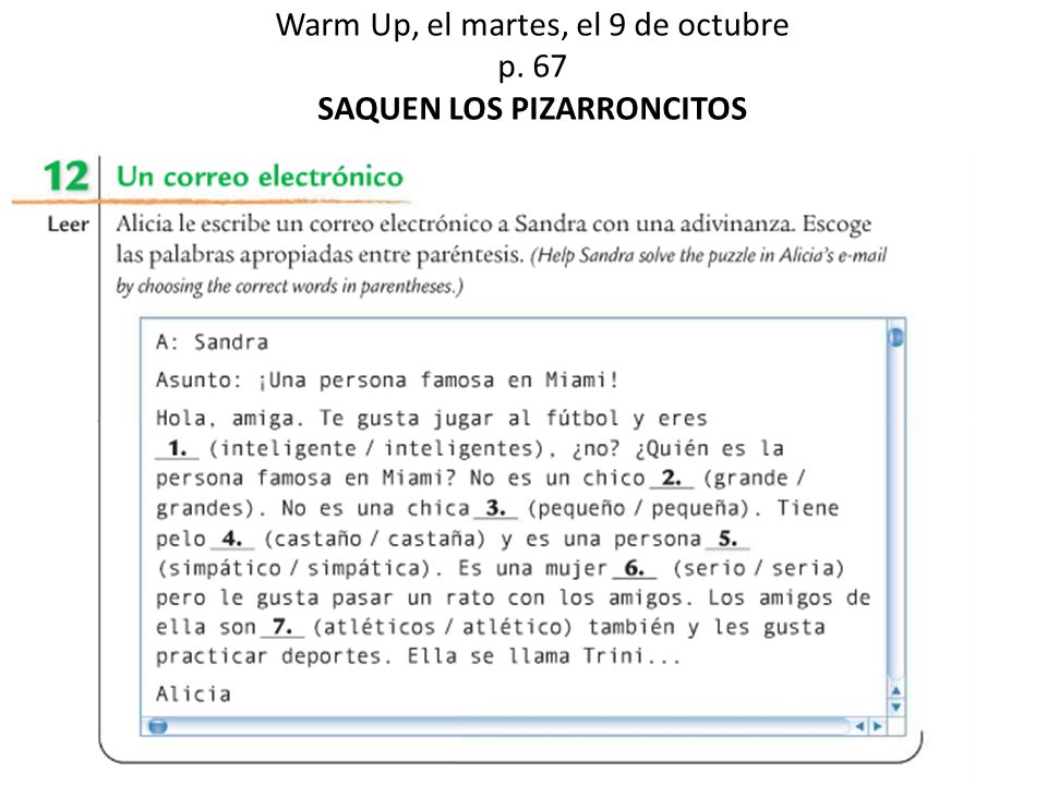 Warm Up, el martes, el 9 de octubre p. 67 SAQUEN LOS PIZARRONCITOS