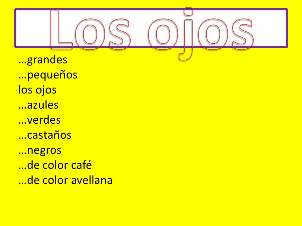 Los ojos …grandes …pequeños los ojos …azules …verdes …castaños …negros …de color café …de color avellana