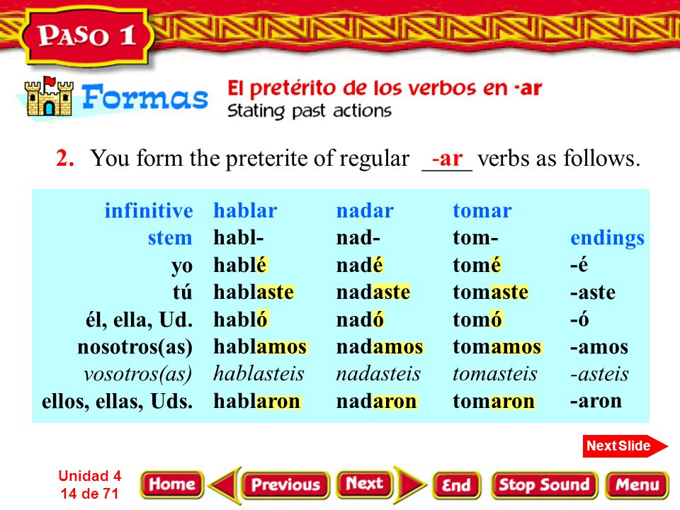 2. You form the preterite of regular ____ verbs as follows. -ar