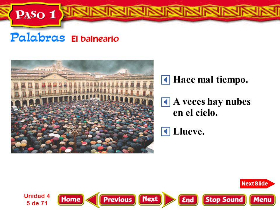 Hace mal tiempo. A veces hay nubes en el cielo. Llueve.