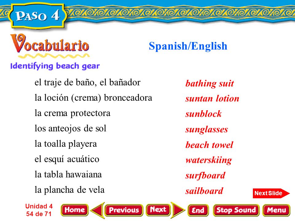 Spanish/English el traje de baño, el bañador bathing suit