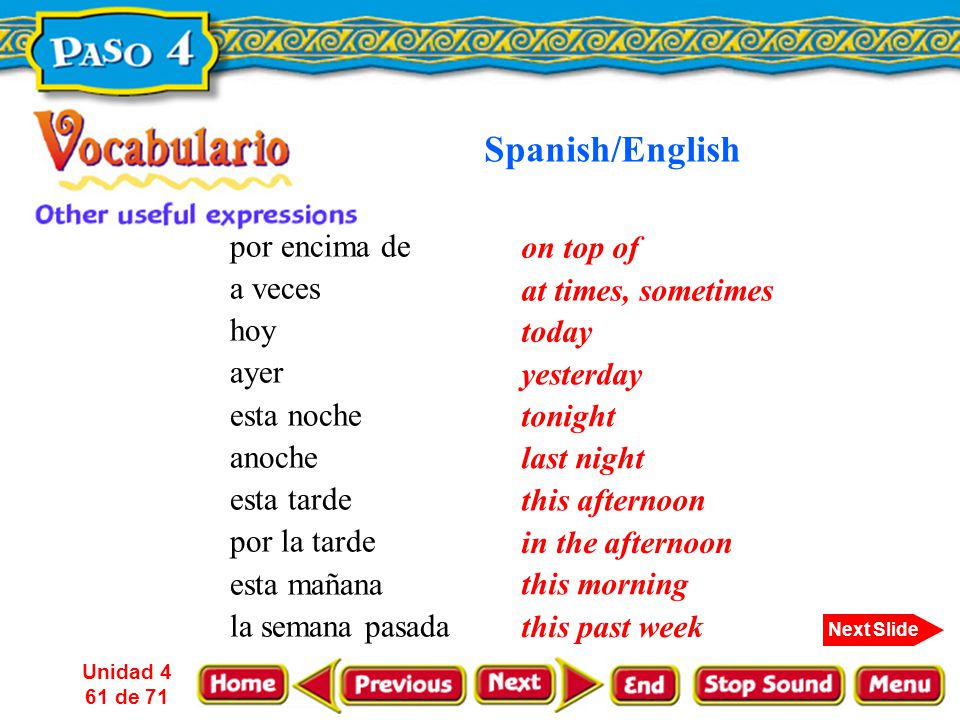 Spanish/English por encima de on top of a veces hoy