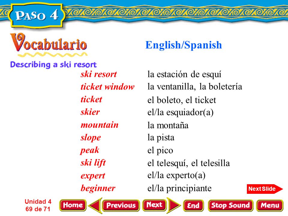 English/Spanish ski resort la estación de esquí ticket window ticket