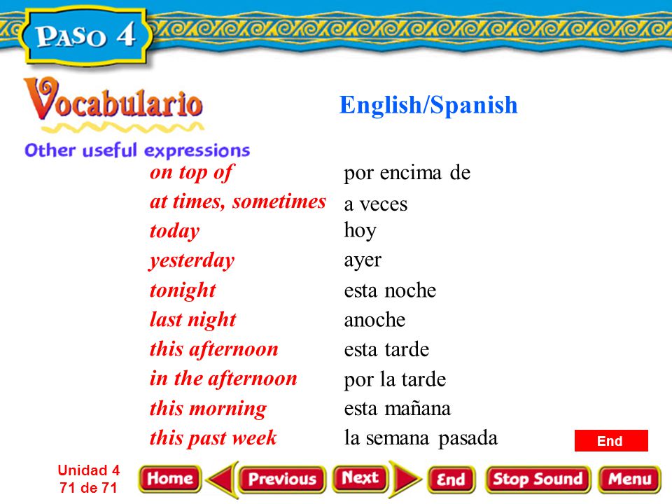 English/Spanish on top of por encima de at times, sometimes today