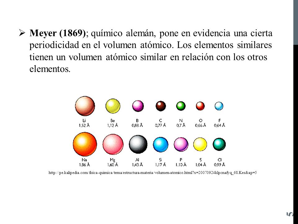 Meyer (1869); químico alemán, pone en evidencia una cierta periodicidad en el volumen atómico. Los elementos similares tienen un volumen atómico similar en relación con los otros elementos.