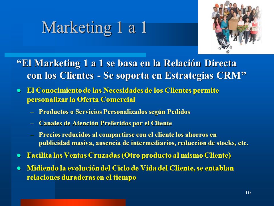 Marketing 1 a 1 El Marketing 1 a 1 se basa en la Relación Directa con los Clientes - Se soporta en Estrategias CRM