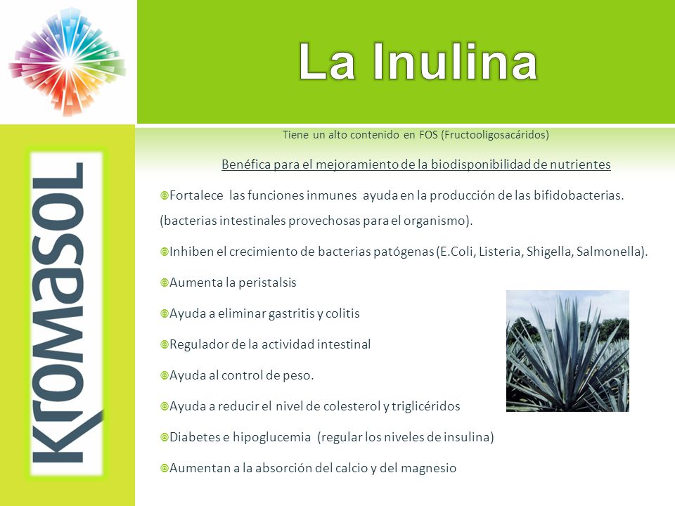 La Inulina Tiene un alto contenido en FOS (Fructooligosacáridos) Benéfica para el mejoramiento de la biodisponibilidad de nutrientes.