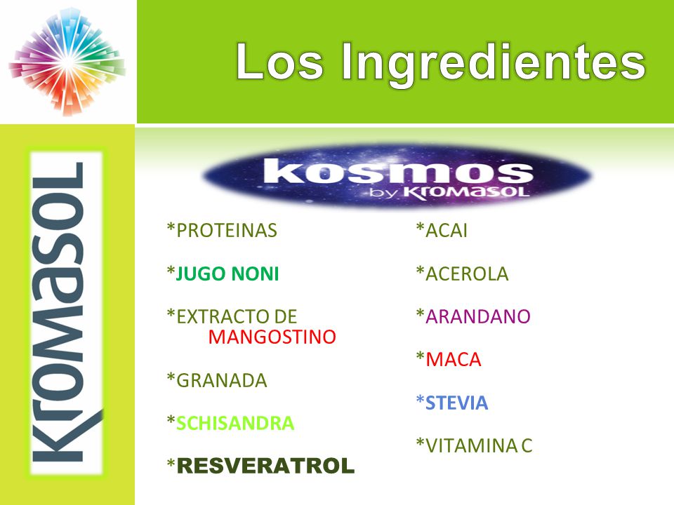 Los Ingredientes *PROTEINAS *JUGO NONI *EXTRACTO DE MANGOSTINO *GRANADA *SCHISANDRA *RESVERATROL *ACAI *ACEROLA *ARANDANO *MACA *STEVIA *VITAMINA C