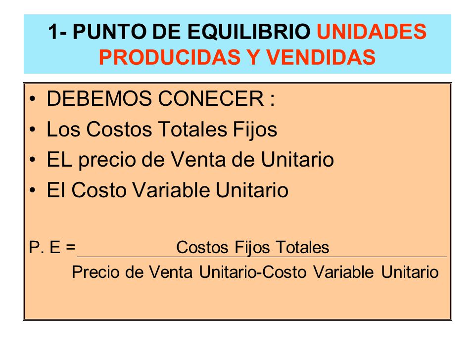 1- PUNTO DE EQUILIBRIO UNIDADES PRODUCIDAS Y VENDIDAS