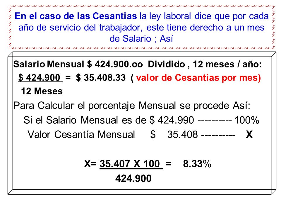 Valor Cesantía Mensual $ X X= X 100 = 8.33%