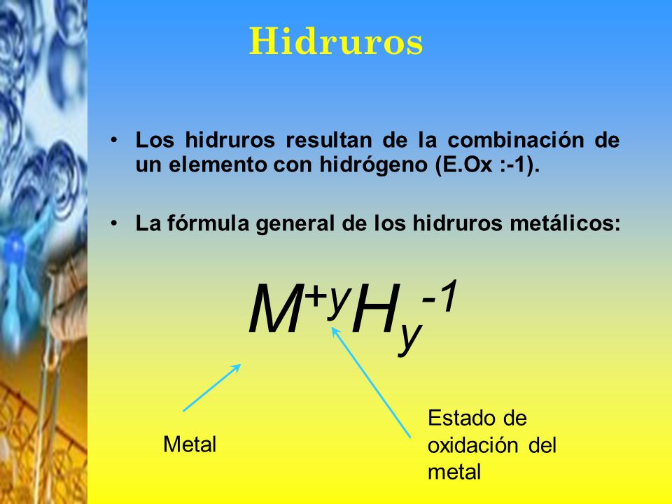 Hidruros Los hidruros resultan de la combinación de un elemento con hidrógeno (E.Ox :-1). La fórmula general de los hidruros metálicos: