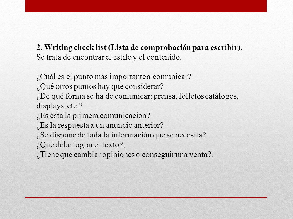 2. Writing check list (Lista de comprobación para escribir)