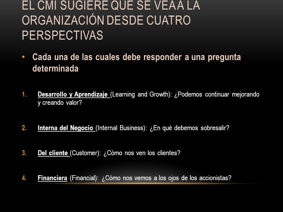 El CMI sugiere que se vea a la organización desde cuatro perspectivas