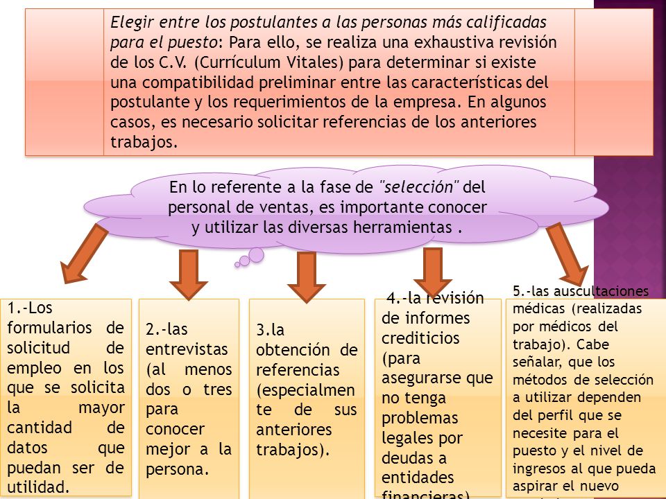 Elegir entre los postulantes a las personas más calificadas para el puesto: Para ello, se realiza una exhaustiva revisión de los C.V. (Currículum Vitales) para determinar si existe una compatibilidad preliminar entre las características del postulante y los requerimientos de la empresa. En algunos casos, es necesario solicitar referencias de los anteriores trabajos.