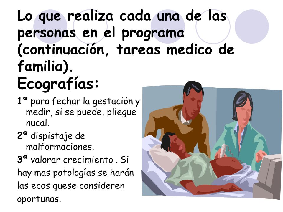 Lo que realiza cada una de las personas en el programa (continuación, tareas medico de familia). Ecografías: