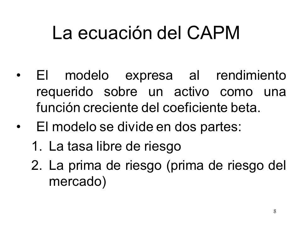 La ecuación del CAPM El modelo expresa al rendimiento requerido sobre un activo como una función creciente del coeficiente beta.