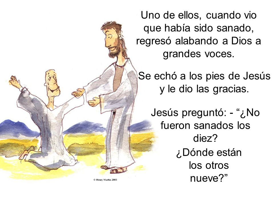 Se echó a los pies de Jesús y le dio las gracias.