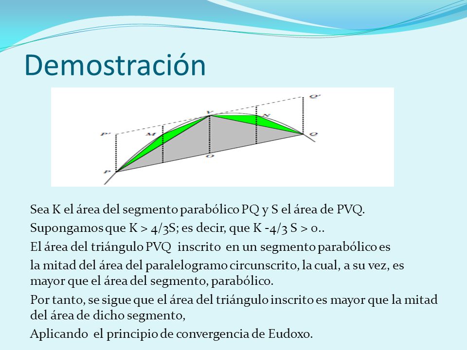 Demostración Sea K el área del segmento parabólico PQ y S el área de PVQ. Supongamos que K > 4/3S; es decir, que K -4/3 S > 0..