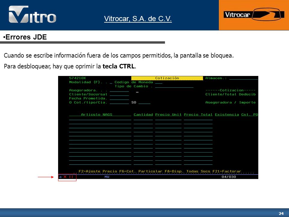 Errores JDE Cuando se escribe información fuera de los campos permitidos, la pantalla se bloquea.