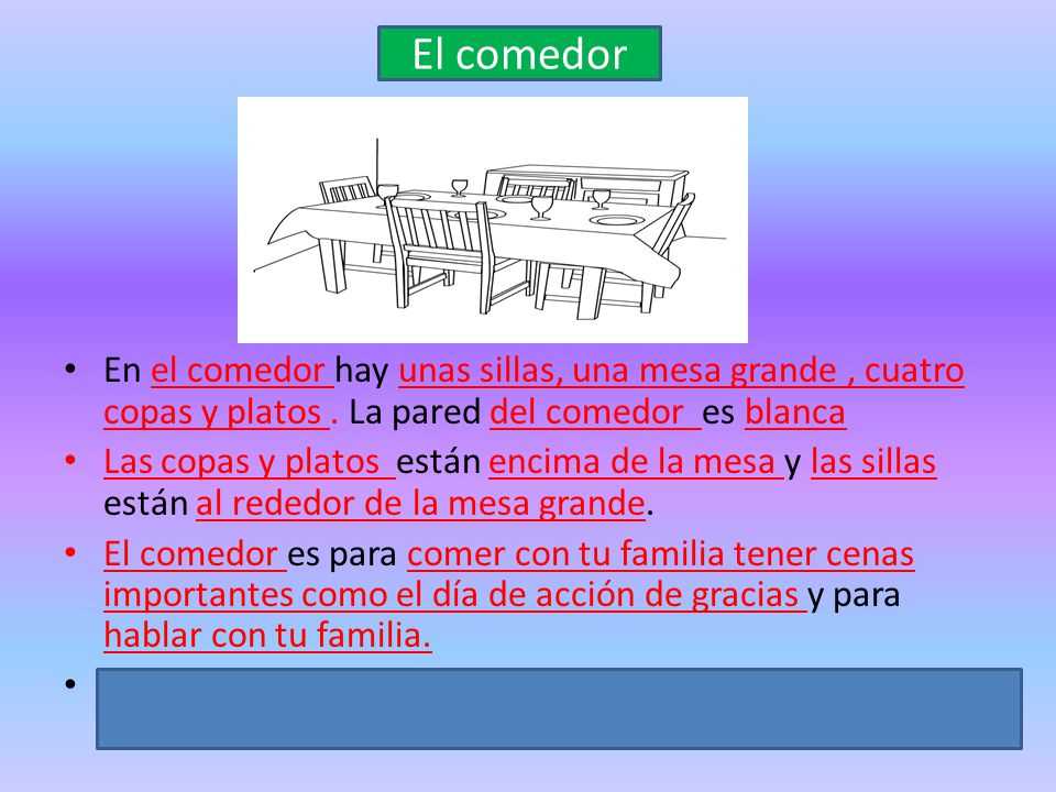 El comedor En el comedor hay unas sillas, una mesa grande , cuatro copas y platos . La pared del comedor es blanca.