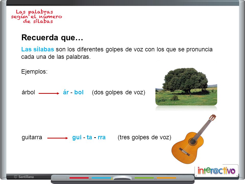 Recuerda que… Las sílabas son los diferentes golpes de voz con los que se pronuncia cada una de las palabras. Ejemplos: