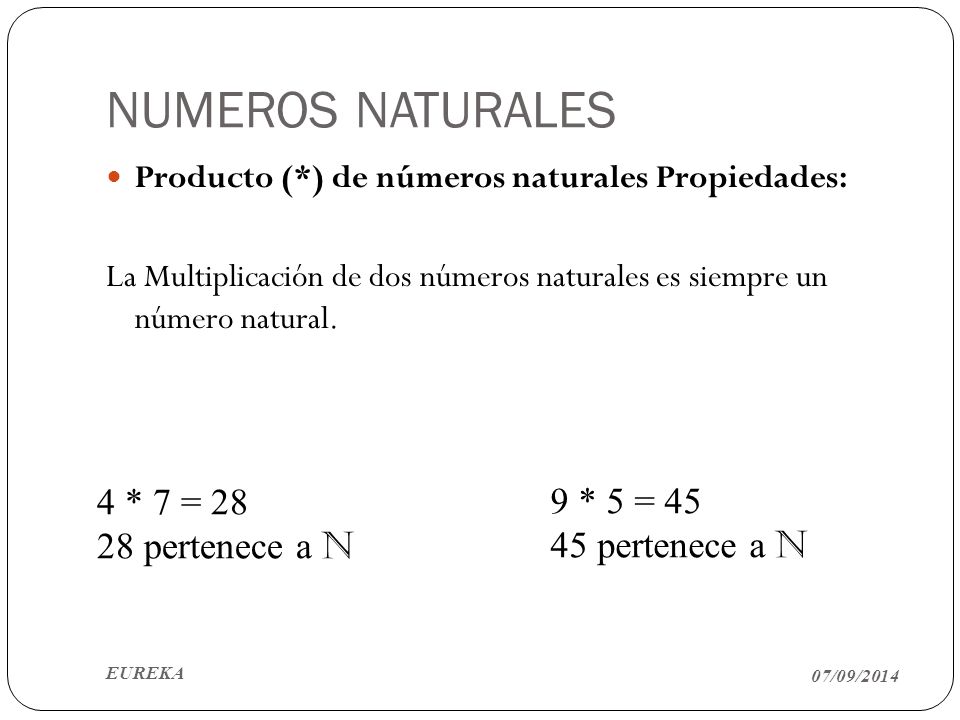 NUMEROS NATURALES 4 * 7 = 28 9 * 5 = pertenece a N