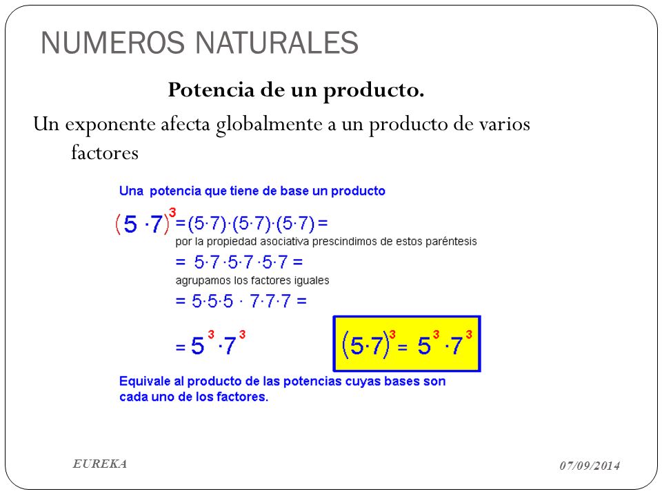 NUMEROS NATURALES Potencia de un producto. Un exponente afecta globalmente a un producto de varios factores