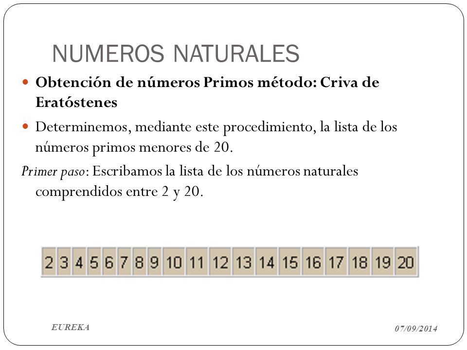 NUMEROS NATURALES Obtención de números Primos método: Criva de Eratóstenes.