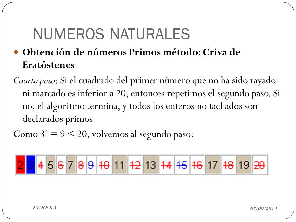 NUMEROS NATURALES Obtención de números Primos método: Criva de Eratóstenes.