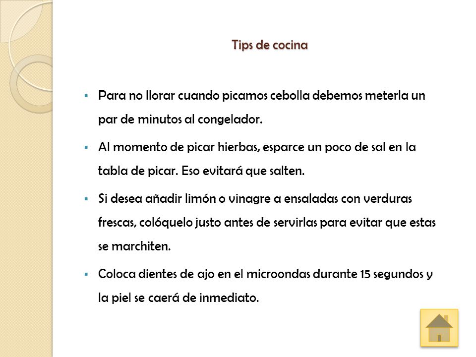 Tips de cocina Para no llorar cuando picamos cebolla debemos meterla un par de minutos al congelador.