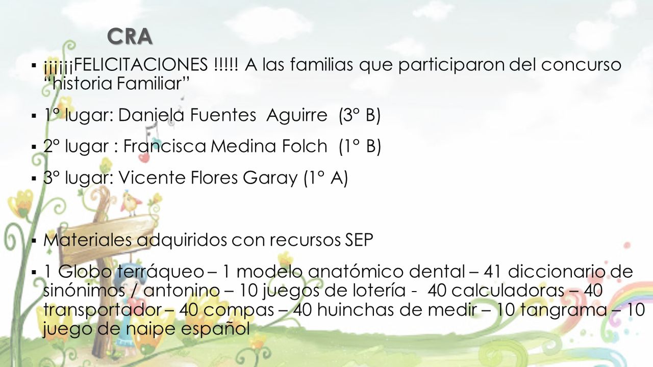 CRA ¡¡¡¡¡¡FELICITACIONES !!!!! A las familias que participaron del concurso historia Familiar 1° lugar: Daniela Fuentes Aguirre (3° B)