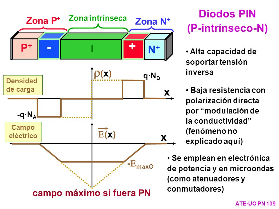 + - (x) Diodos PIN (P-intrínseco-N) P+ N+ x x Zona P+ Zona N+ I E(x)