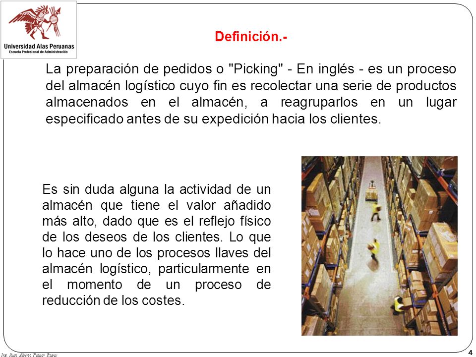 Definición.- La preparación de pedidos o Picking - En inglés - es un proceso del almacén logístico cuyo fin es recolectar una serie de productos almacenados en el almacén, a reagruparlos en un lugar especificado antes de su expedición hacia los clientes.