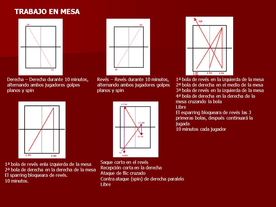 TRABAJO EN MESA Derecha – Derecha durante 10 minutos, alternando ambos jugadores golpes planos y spin.