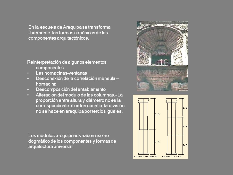 En la escuela de Arequipa se transforma libremente, las formas canónicas de los componentes arquitectónicos.