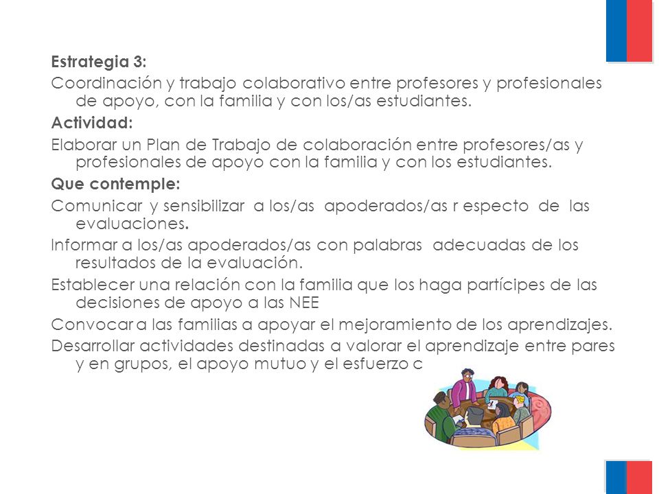 Estrategia 3: Coordinación y trabajo colaborativo entre profesores y profesionales de apoyo, con la familia y con los/as estudiantes.