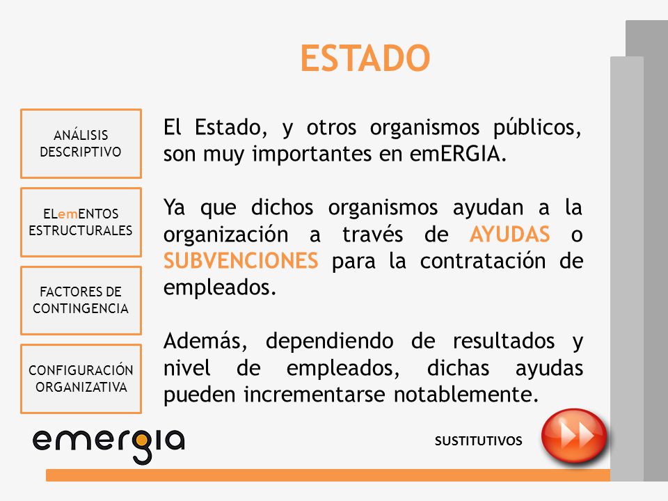 ESTADO ANÁLISIS DESCRIPTIVO. El Estado, y otros organismos públicos, son muy importantes en emERGIA.