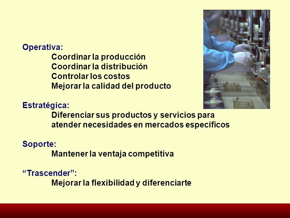 Operativa: Coordinar la producción. Coordinar la distribución. Controlar los costos. Mejorar la calidad del producto.