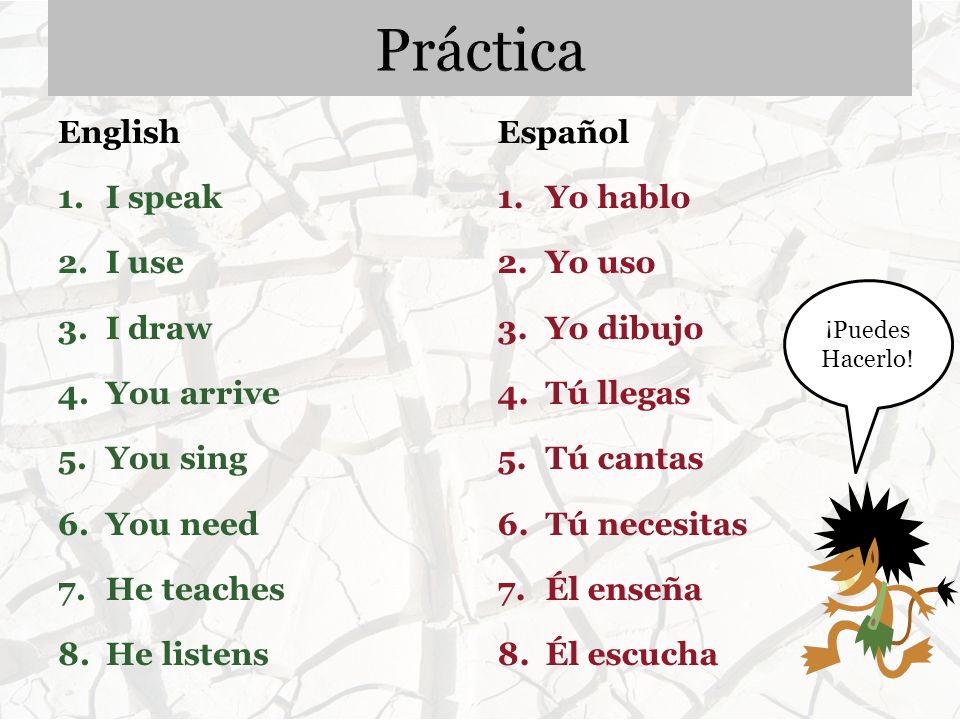 Práctica English Español I speak I use I draw You arrive You sing